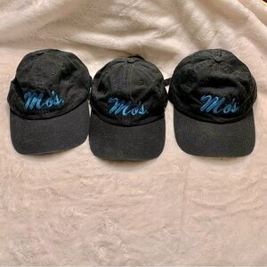 Set of 3 Ballcaps Unisex Hats Black w/ Teal Embroidered Text “Mo’s” Buckled Back